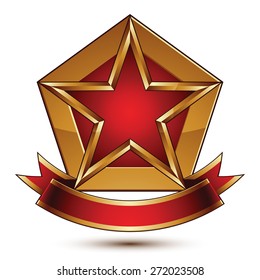 Golden vector stylized symbol with red star and glamorous wavy band, Clear EPS 8 insignia, isolated on white background. Symbolic template, best for use in web and graphic design. 

