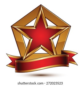 Golden vector stylized symbol with red star and glamorous wavy band, Clear EPS 8 insignia, isolated on white background. Symbolic template, best for use in web and graphic design. 

