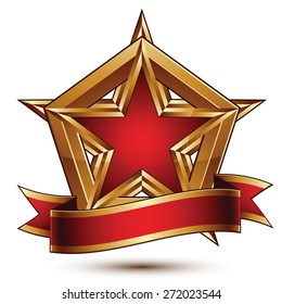 Golden vector stylized symbol with red star and glamorous wavy band, Clear EPS 8 insignia, isolated on white background. Symbolic template, best for use in web and graphic design. 

