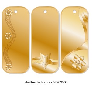 Golden vector tags or labels over white background