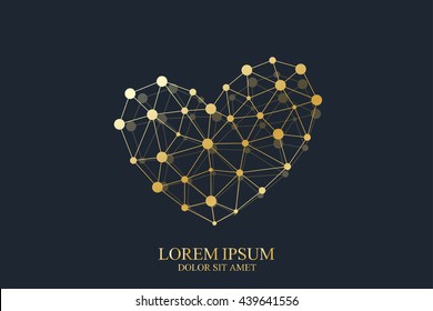 Golden vector template heart logo. Creative concept design gold icon for medicine, science, technology , chemistry and Valentines Day.