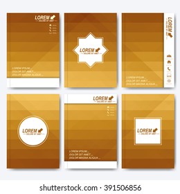 Golden vector templates for brochure, flyer, cover magazine or report in A4 size. Business, science, medicine and technology design . Background with gold triangles.