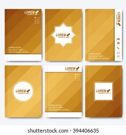 Golden vector templates for brochure, flyer, cover magazine or report in A4 size. Business, science, medicine and technology design . Background with gold triangles.