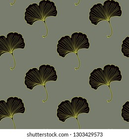 Golden vector texture, vintage seamless pattern with ginkgo biloba leaves