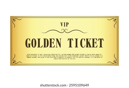 Golden vector ticket. Premium gold ticket template in classic style for gala events, cinema, theater, concert. 