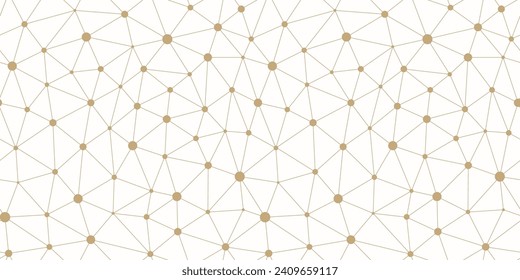 Golden vector triangular mesh seamless pattern. Abstract minimalist gold and white background with lines, nodes, polygonal grid, lattice. Simple luxury geometric texture. Repeated modern geo design