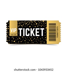 Golden Vector Vip Ticket. Realistic 3d Design With Gold Confetti On White Background. Concert, Cinema, Movie, Party, Event, Dance, Festival Premium Collection. 