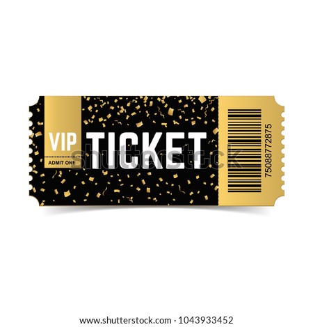 Golden vector vip ticket. Realistic 3d design with gold confetti on white background. Concert, cinema, movie, party, event, dance, festival premium collection. 