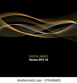 Golden vector wave on dark background. Abstract vector background