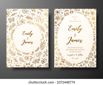 Golden vector wedding invitation with hand drawn twigs, flowers and brahches. Golden botanical template for wedding invite, save the date card, greeting card, place for your text, printable.