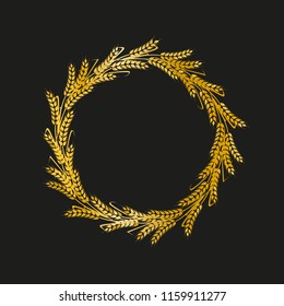 Golden vector wheat wreath on black background. Foliate award wreath for film festival.Vector illustration.