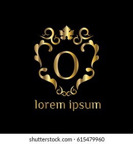 Golden vector wine logo design template. Winery label design element. Letter O sign