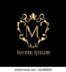 Golden vector wine logo design template. Winery label design element. Letter M sign