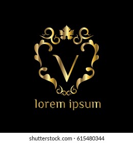 Golden vector wine logo design template. Winery label design element. Letter V sign