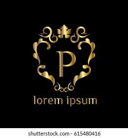 Golden vector wine logo design template. Winery label design element. Letter P sign
