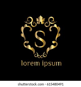 Golden vector wine logo design template. Winery label design element. Letter S sign
