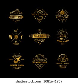 Golden vector wine logos and emblems isolated on black background illustration