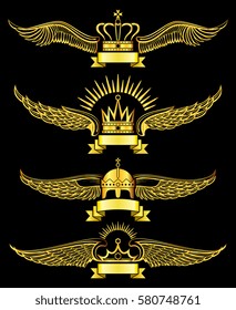 Golden vector wing crowns and ribbon royal logo set. Gold crown with wings illustration