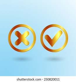 Golden vector "yes" and "no" icons. Interface design elements. 