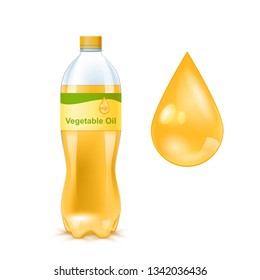 Golden Vegetable Oil In The Plastic Bottle And Oil Drop. Vector 3d Photo Realistic Mockup Isolated On White Background