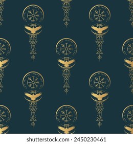 Golden vegvisir, valknut, triquetra, raven and other viking symbols on black background. Seamless vector pattern for wallpaper, textile, wrapping and covers.