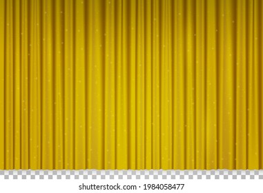 Golden velvet curtain in theater or cinema. Vector realistic closed yellow stage curtains with shimmer and sparkles. Gold fabric drapes with glitter in opera isolated on transparent background