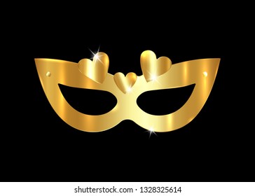 Golden Venetian mask realistic with gold hearts. Stylish Masquerade Party. Mardi Gras card invitation. Night Party Poster. Dance Flyer. Musical festival banner templates, vector isolated on black 