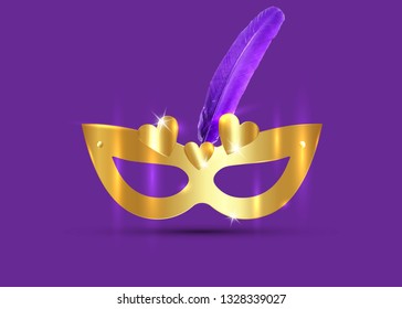 Golden Venetian mask realistic with gold hearts and purple feather. Stylish Masquerade Party. Mardi Gras card invitation. Night Party Poster. Dance Flyer. Musical festival banner templates. Vector 