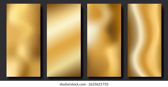Conjunto de fondo de Vertical dorada, color degradado de metal dorado oscuro. Superficie líquida borrosa o efecto de textura de lámina lisa limpia. Plantilla de Vector vacía para el fondo de Anuncio enrollable o el diseño de la cubierta de historias