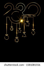Golden vertical banner 2020 Happy New Year, gold luxury Christmas Balls isolated on black background 