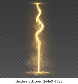 Golden vertical lightning strike with glowing spiral energy and foggy explosion effect on a transparent background. Electric light beam with magical energy trails and sparks. Vector illustration.