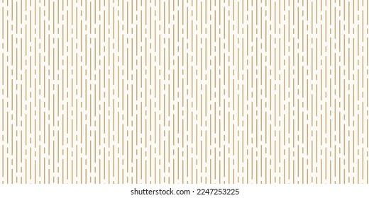 Golden vertical line seamless pattern. Simple minimal vector texture with thin lines, stripes. Gold and white abstract geometric background. Elegant luxury repeat design for decor, wallpaper, print