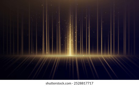 Golden vertical lines of light with glitter shimmering particles for background and overlay. Glowing abstract futuristic shimmering background.