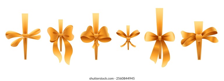 Golden vertical ribbons set with bows. Design elements for gift wrapping, celebrations and festive decorations. Gift ribbon with bows of different shapes and sizes. Vector illustration isolated