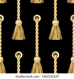Golden Vertical Straped Ropes with Brushes Metal Eyelets Seamless Pattern.