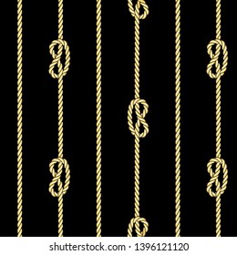 Golden Vertical Straped Ropes with Sea Knot Seamless Pattern.