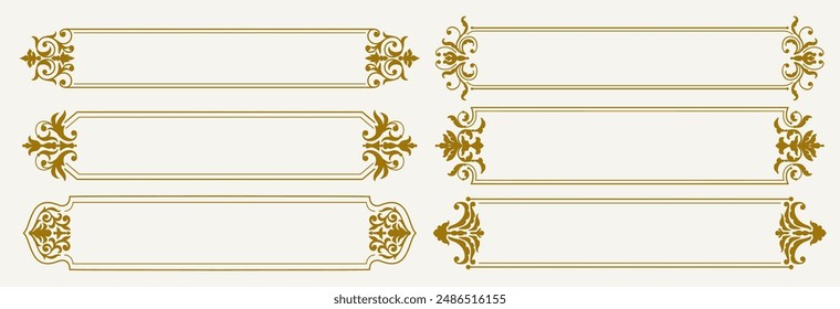 Decoración de marco dorado victoriano y arabesco. Conjunto de Vector de decoraciones retro con motivos, florituras y adornos dorados e intrincados. Marcos decorativos, elegantes, antiguos y de lujo