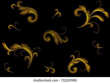 Golden Victorian Embroidery Floral Ornament. Stitch Texture Fashion Print Seamless Pattern Gold Flower Baroque Design Element Vector Illustration