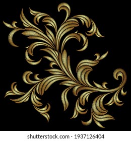 Golden victorian embroidery vintage ornament. Stitch texture fashion print patch gold  baroque design element  