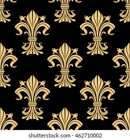 Golden victorian fleur-de-lis seamless pattern on black background with ornament of heraldic lilies, adorned by leaf scrolls and flower buds. Vintage interior design