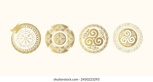Goldene Wikinger runde Schilde mit keltischen Ornamenten, Runen und Symbolen isoliert gesetzt. Vektorgrafik Gravur Illustration. Handgezeichnetes Designelement für Poster und Webdesign