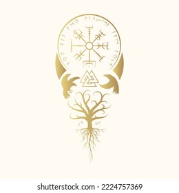 Golden Viking symbols valknut, vegvisir  and tree of life. Scandinavian vector illustration.