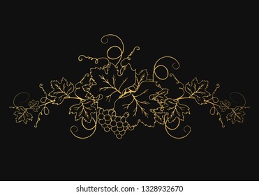 Golden Vine Branches With Bunch Of Grapes And Leaves. Ornate Decoration Divider For Wine Menu Or Label Design. Vector Gold Foliage Background.