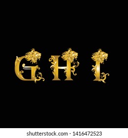 Golden vintage alphabet decoration with lion head on black background​