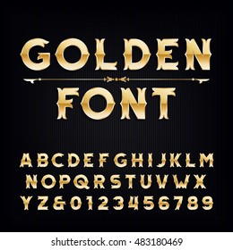Golden vintage alphabet font. Metallic effect letters and numbers. Retro vector typeface for your design.