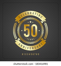 Golden vintage anniversary message emblem. Retro vector background.