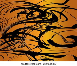Golden vintage background - abstract grunge black ink splashes, swirls and curve lines on gold background - dark yellow and brown gradient. Abstract black ornament on vintage gold desk.