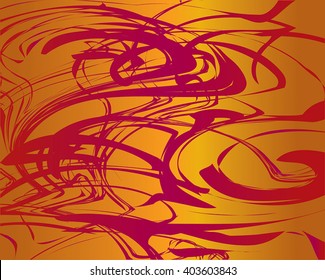 Golden vintage background - abstract grunge red ink splashes, swirls and curve lines on gold background - dark yellow and brown gradient. Abstract red ornament on vintage gold desk. Eps 10.