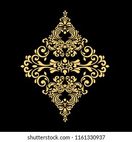 Golden Vintage baroque frame scroll ornament engraving border floral retro pattern antique style acanthus foliage swirl decorative design element filigree calligraphy on a black background.