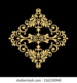 Golden Vintage baroque frame scroll ornament engraving border floral retro pattern antique style acanthus foliage swirl decorative design element filigree calligraphy on a black background.